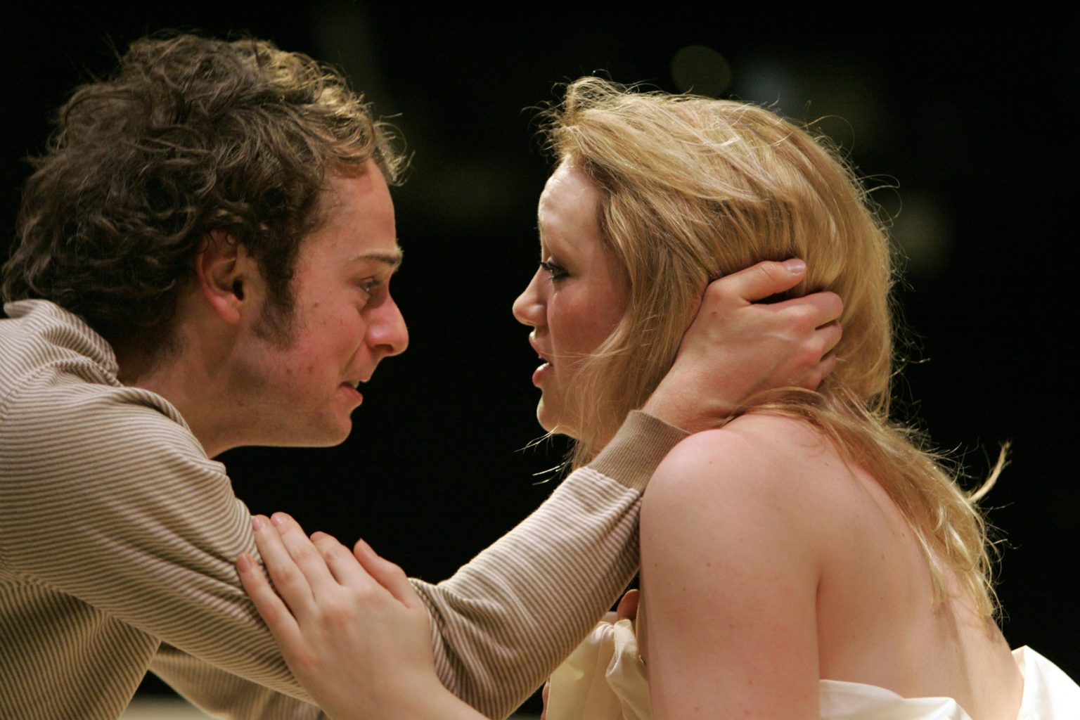 Lucy Briggs-Owen (Cressida) and Alex Waldmann (Troilus) talk to Dominic Cavendish during Troilus and Cressida rehearsals