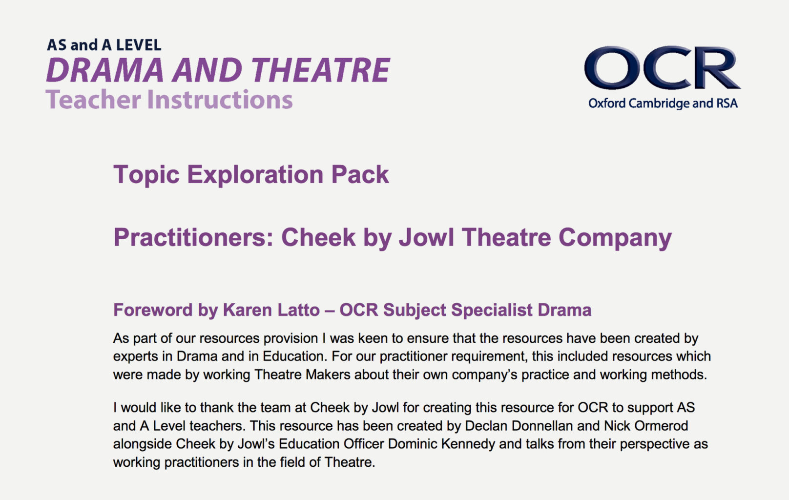 Topic Exploration Pack – Practitioners: Cheek by Jowl – AS and A Level Drama and Theatre Teacher Instructions, 2016